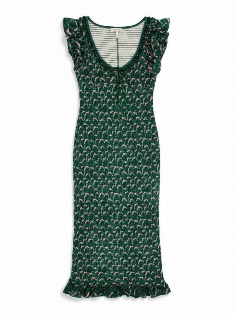 Green Smocked Knit Midi Dress with Ruffle Hem - Picture 4 of 6